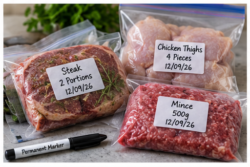 Steak, chicken thighs and mince sealed in freezer bags with written labels
