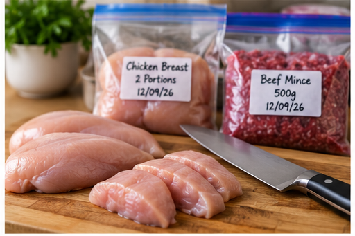 Chicken breast and beef mince portioned into labelled freezer bags