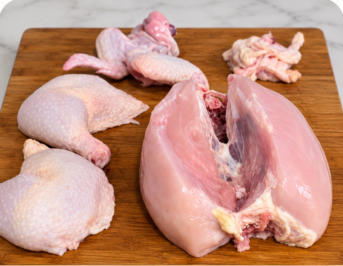 A knife following the breastbone to remove a chicken breast