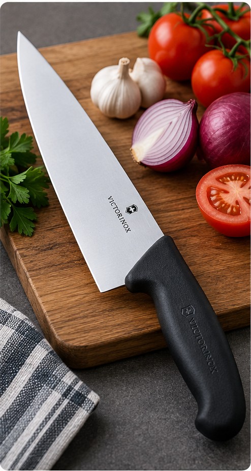 Victorinox Fibrox chef's knife beside vegetables on a wooden board
