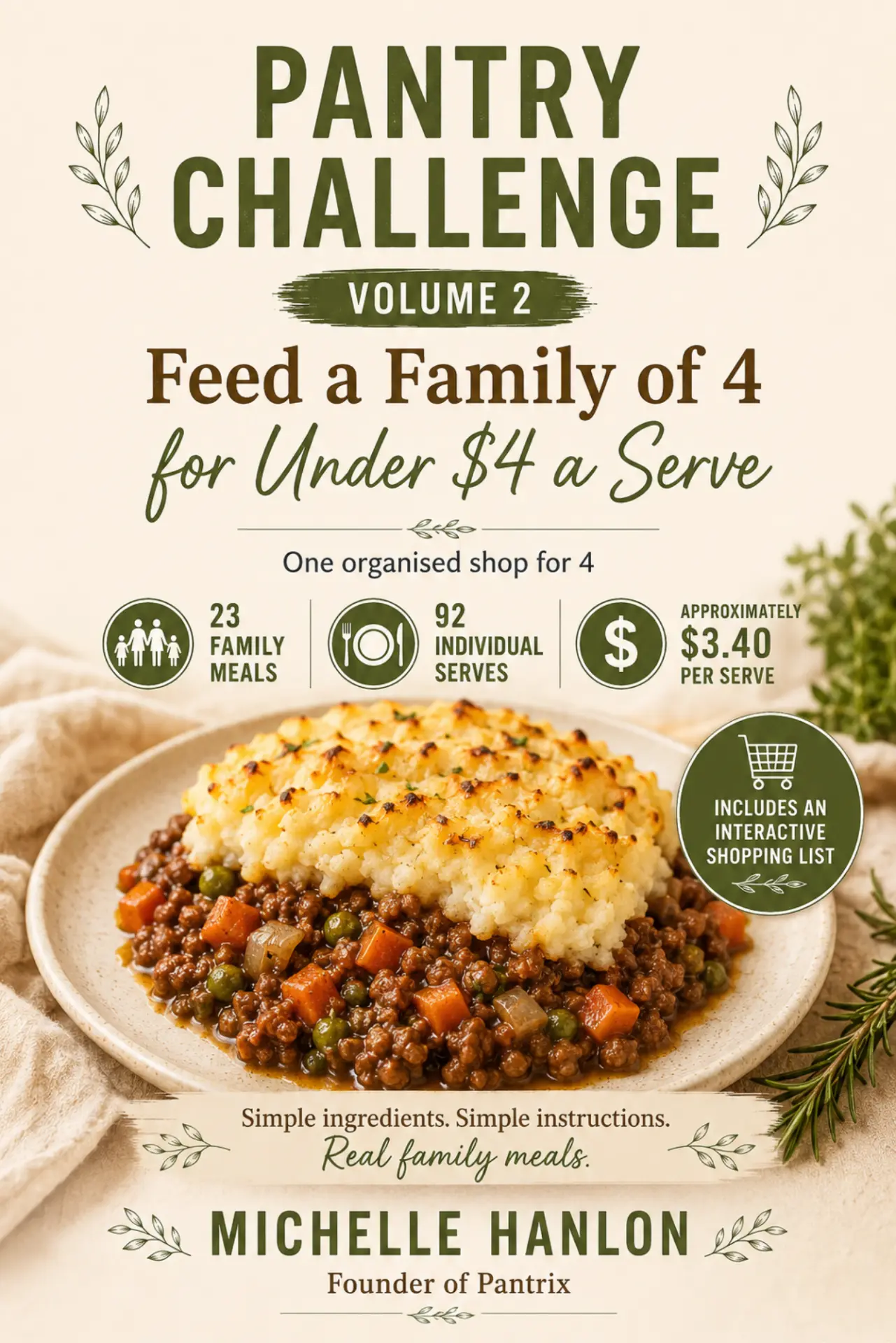 The Pantry Challenge Volume 2 Family of 4 cookbook cover by Michelle Hanlon