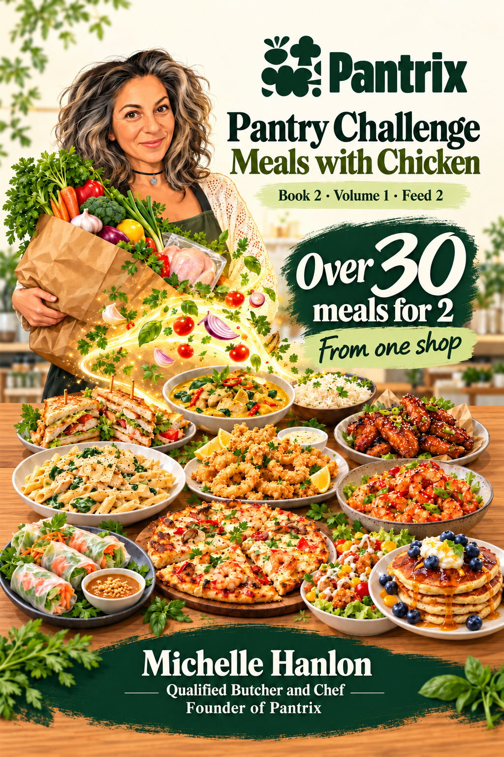 The Pantry Challenge: Meals with Chicken cookbook cover by Michelle Hanlon — over 30 meals for 2 people from one shop.