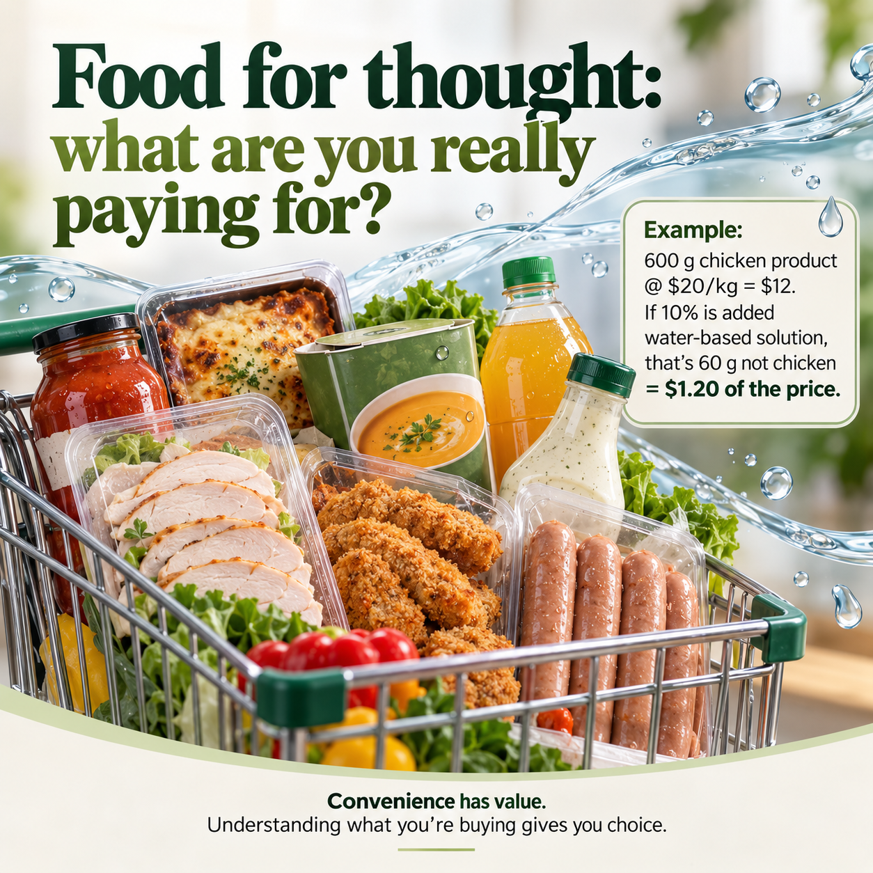 Food for thought: what are you really paying for? A shopping trolley filled with packaged foods and an example about added water in chicken products.