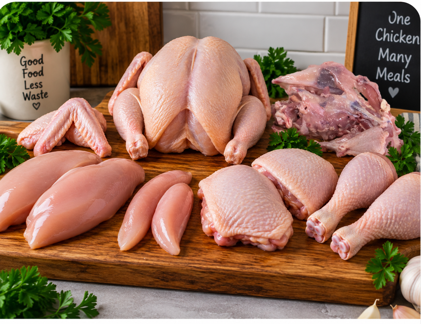 Chicken wings, breasts, tenderloins, thighs, drumsticks and carcass on a wooden board