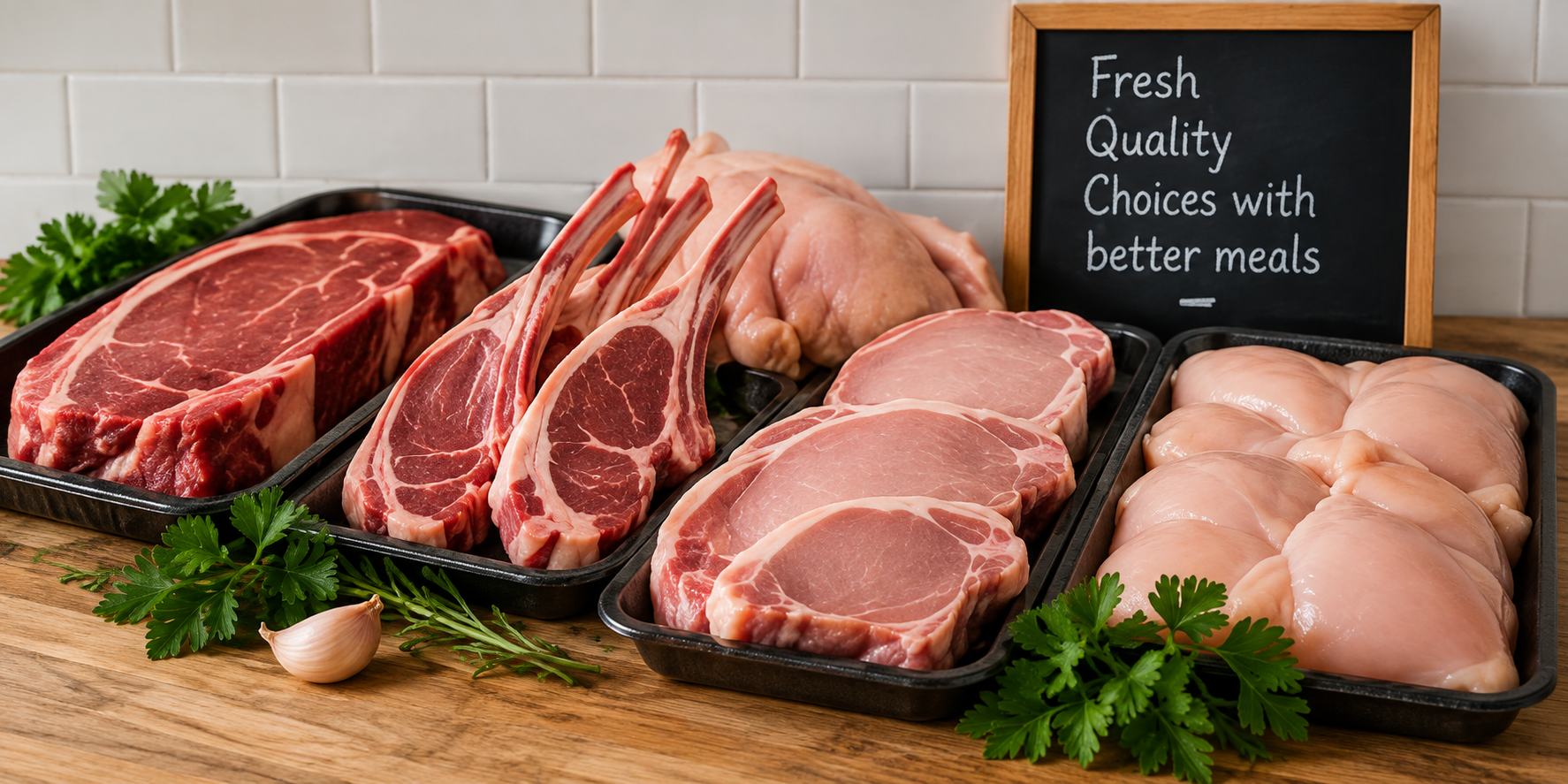 Trays of fresh beef, lamb, pork and chicken on a wooden board
