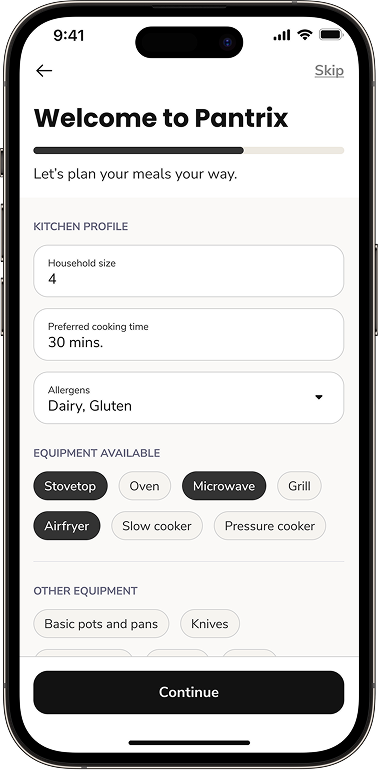 Pantrix app screen: Household size