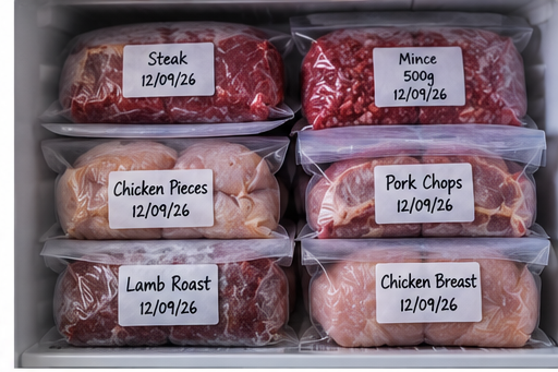 Airtight containers of steak, mince, chicken and pork labelled with cut and date