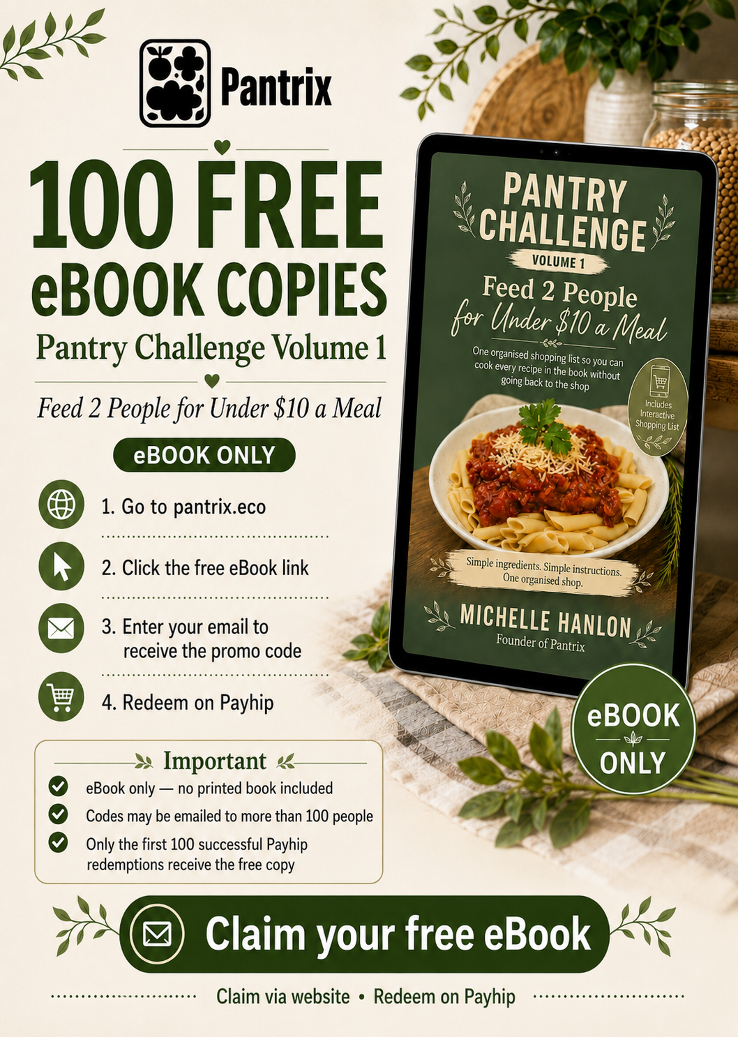 100 free eBook copies of Pantry Challenge Volume 1 — eBook only, claim via pantrix.eco and redeem on Payhip