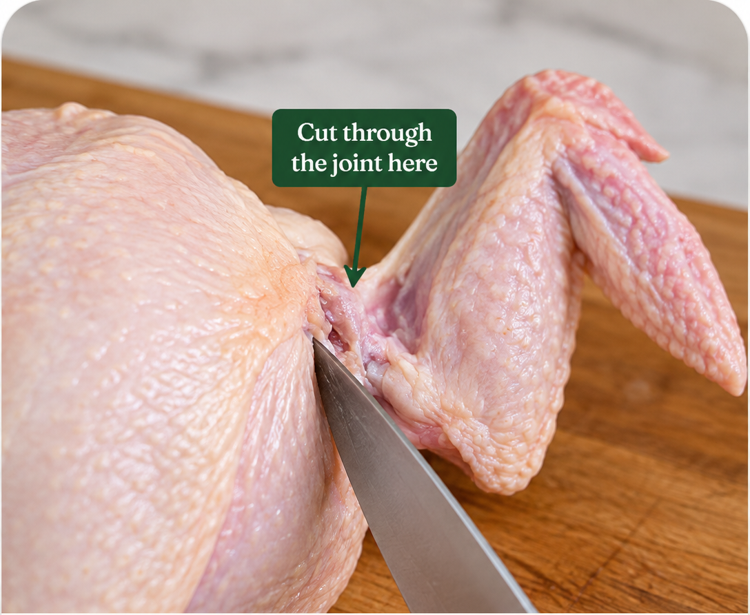 A knife cutting through the wing joint of a chicken