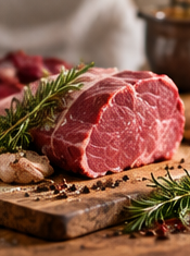 A fresh cut of beef with rosemary on a butcher's board