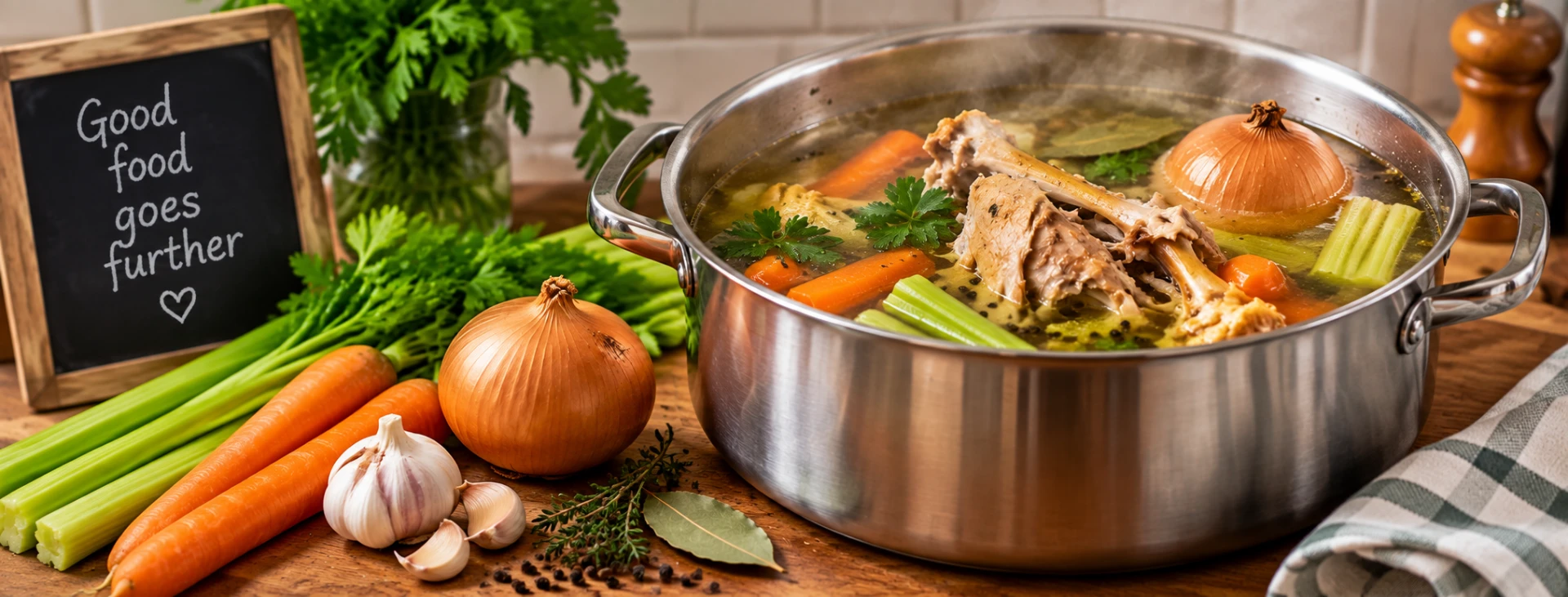 A pot of simmering chicken stock made from a leftover carcass, with fresh vegetables nearby