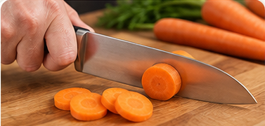Slicing carrots with a chef's knife on a wooden board