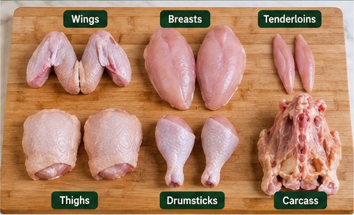 Wings, breasts, tenderloins, thighs, drumsticks and carcass laid out on a board