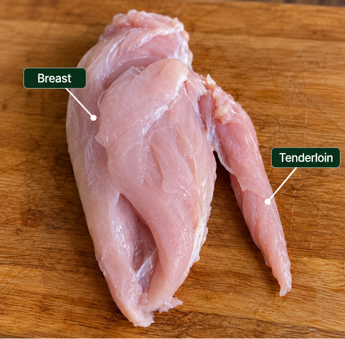 A chicken breast with the tenderloin being lifted away