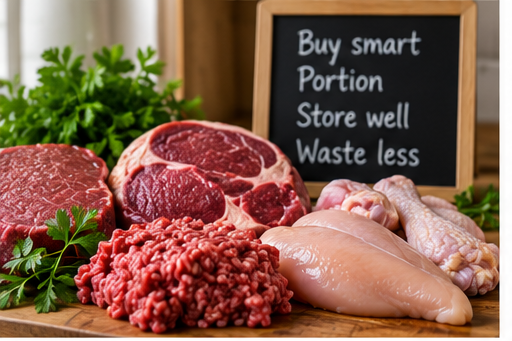 Fresh beef, mince and chicken on a board, ready to be portioned before freezing