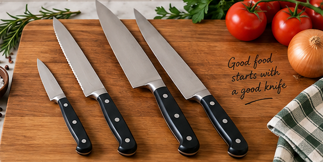 A set of kitchen knives on a wooden board beside tomatoes, garlic and herbs