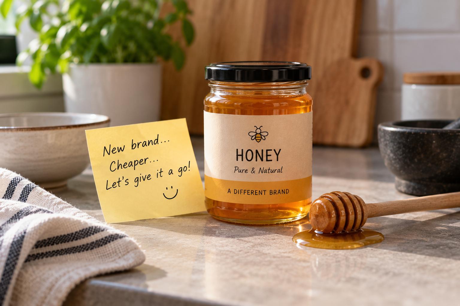 A jar of honey from a different brand beside a handwritten note about trying a cheaper product.