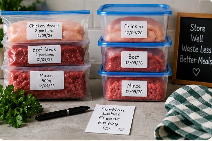 Labelled bags and containers of chicken, beef and mince ready for the freezer