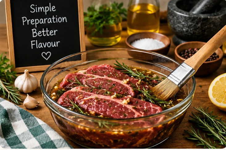 Steaks being brushed with marinade in a glass bowl