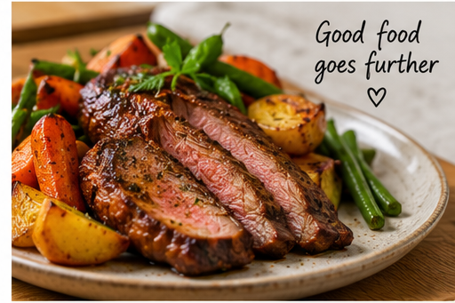 Sliced cooked steak with vegetables on a plate