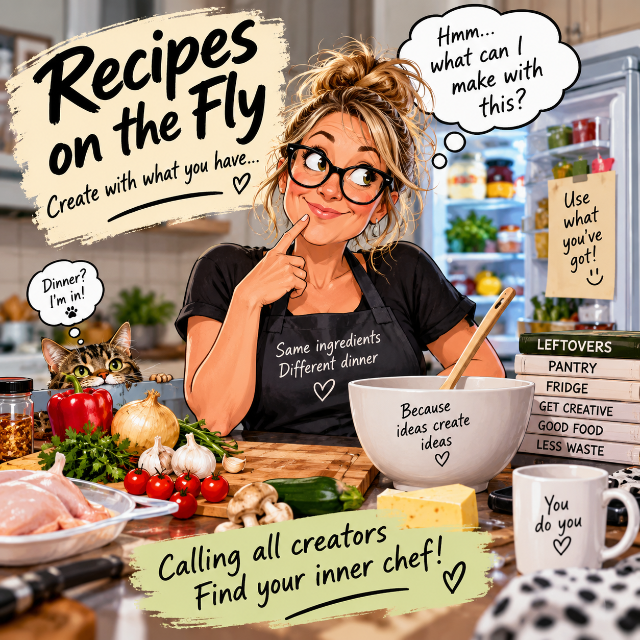Illustration of a home cook in an apron looking thoughtfully at an open fridge, with fresh ingredients on the bench and the words Recipes on the Fly.