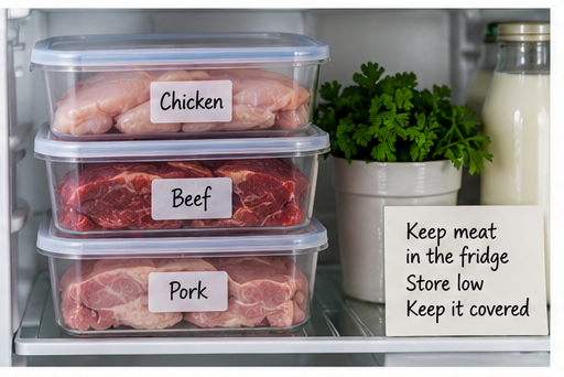 Chicken, beef and pork in labelled airtight containers stored in the fridge