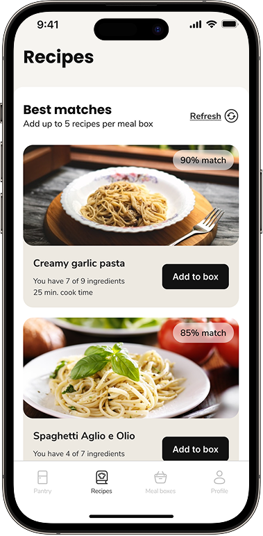 Pantrix app screen: Time, equipment and dietary needs
