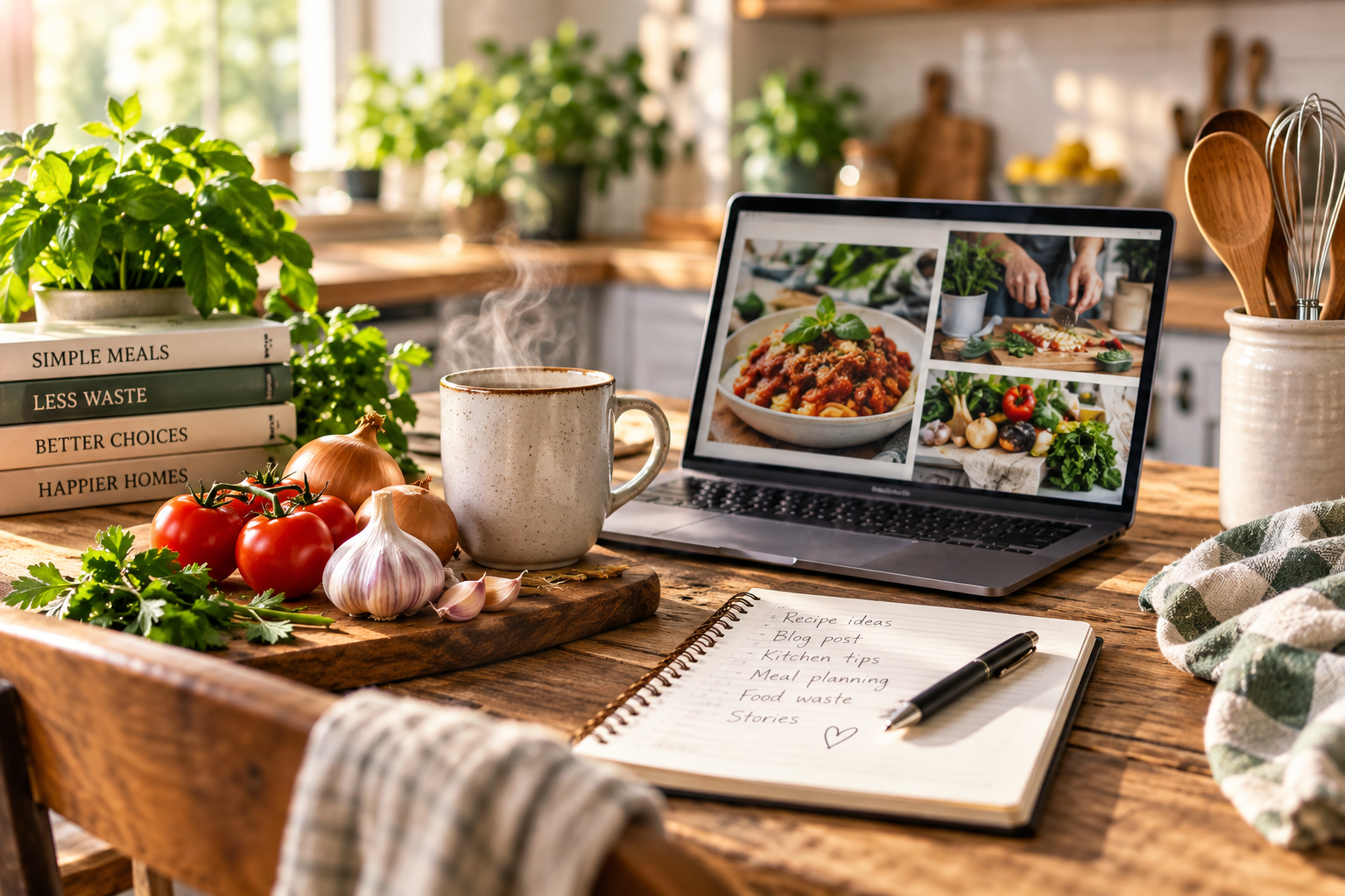 A warm kitchen scene with a laptop showing the Pantrix Blog, fresh vegetables, cookbooks and a notebook with recipe ideas