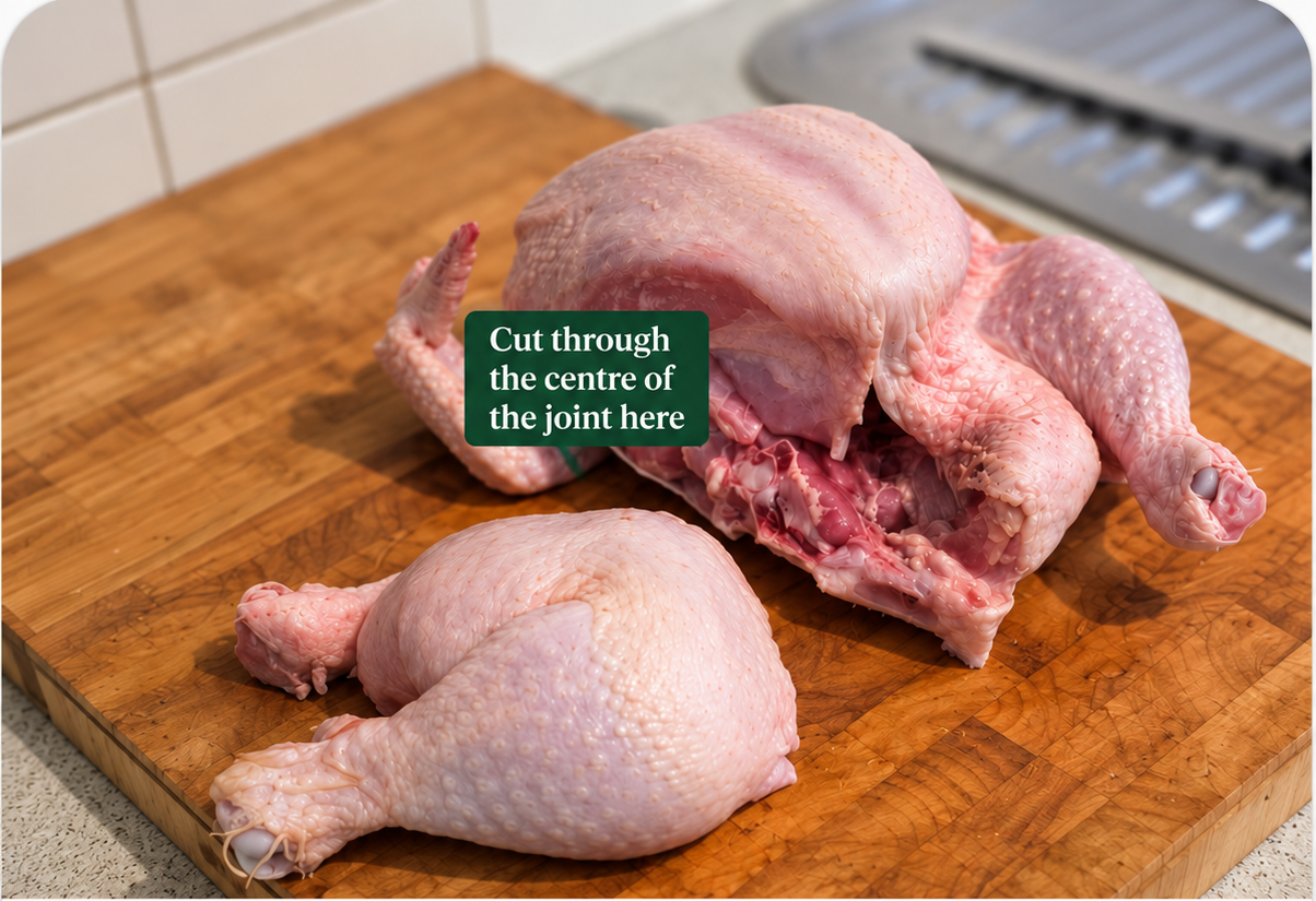 A separated chicken thigh and drumstick on a board