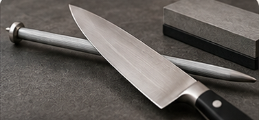 A chef's knife, sharpening steel and whetstone on a bench