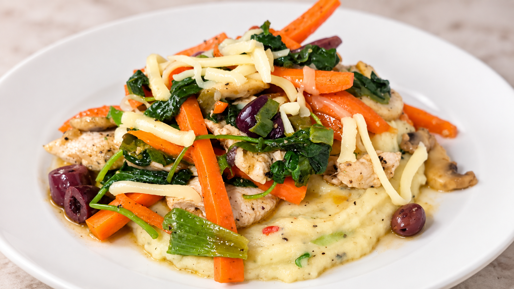 Mediterranean Chicken & Veggies on Cheesy Garlic Mash — Pantrix