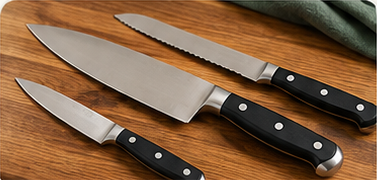 A chef's knife, bread knife and paring knife on a wooden board