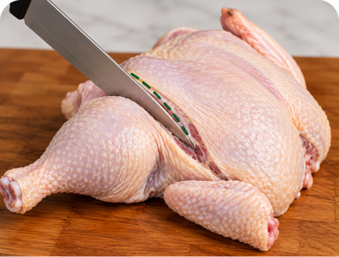 A knife cutting through the skin between the thigh and breast