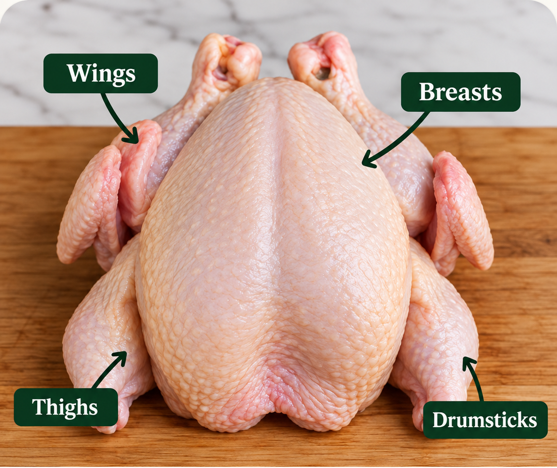 A whole chicken marked with the wings, breasts, thighs and drumsticks