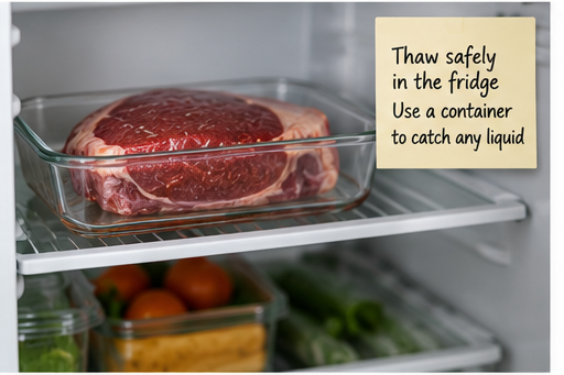 A steak thawing safely in a glass container in the fridge