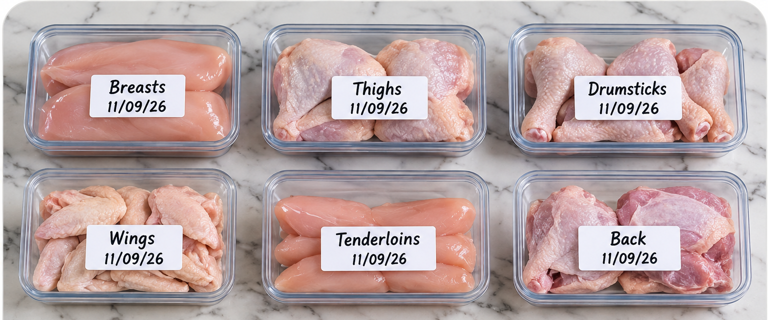 Labelled containers of breasts, thighs, drumsticks, wings, tenderloins and marylands