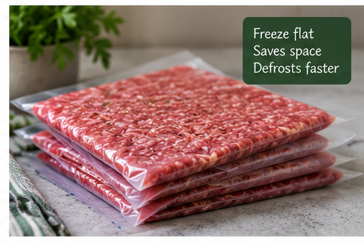 Mince frozen flat in bags for easy stacking and faster defrosting