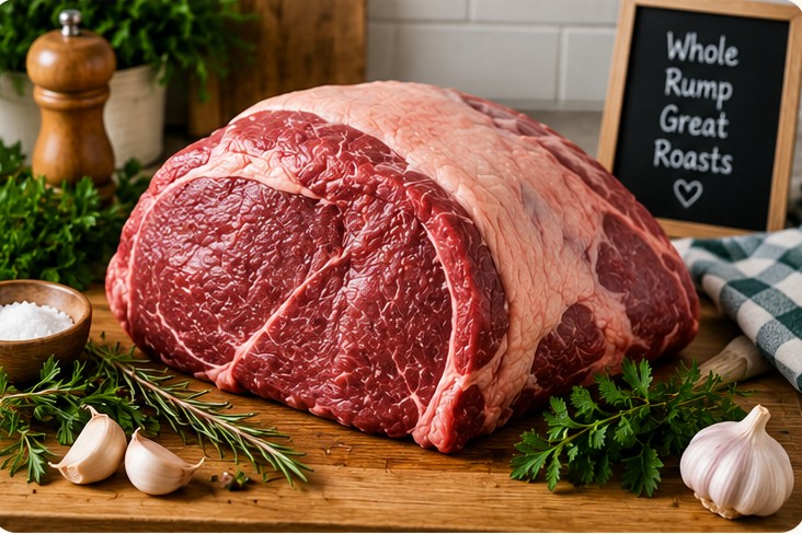 A whole rump roast on a wooden board with garlic and herbs