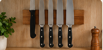 Knives stored upright on a magnetic wall rack