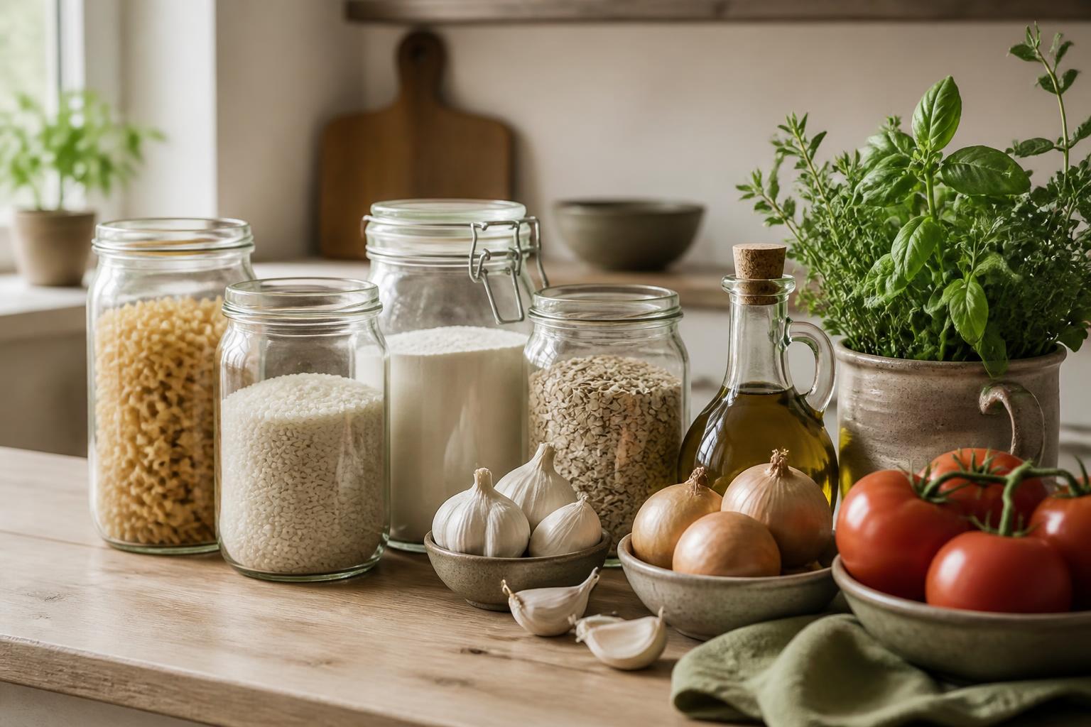 A practical collection of pantry staples arranged on a warm kitchen bench.