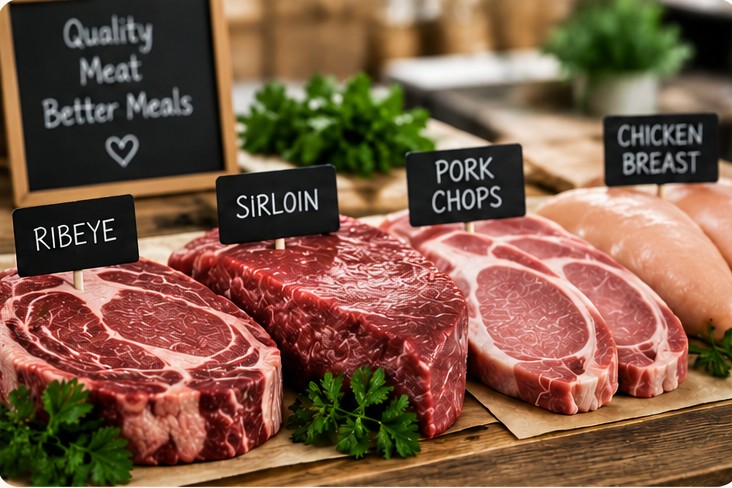 Ribeye, sirloin, pork chops and chicken breast labelled on a butcher's board