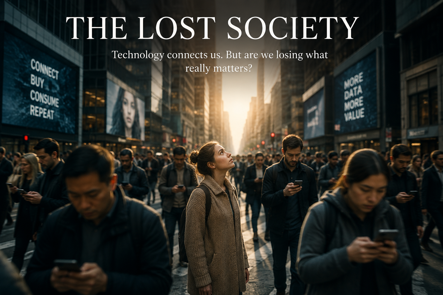 A woman looking up at a busy city street while crowds around her stare at their phones
