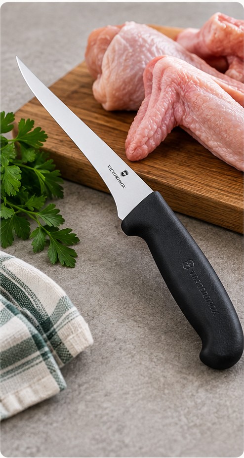 Victorinox Fibrox boning knife beside raw chicken on a wooden board
