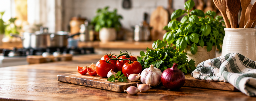 Fresh tomatoes, garlic, herbs and onions on a wooden board in a home kitchen