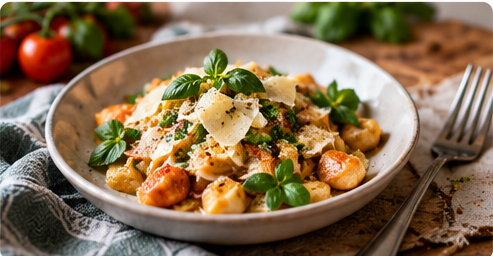 A bowl of fresh pasta with herbs, tomatoes and shaved cheese