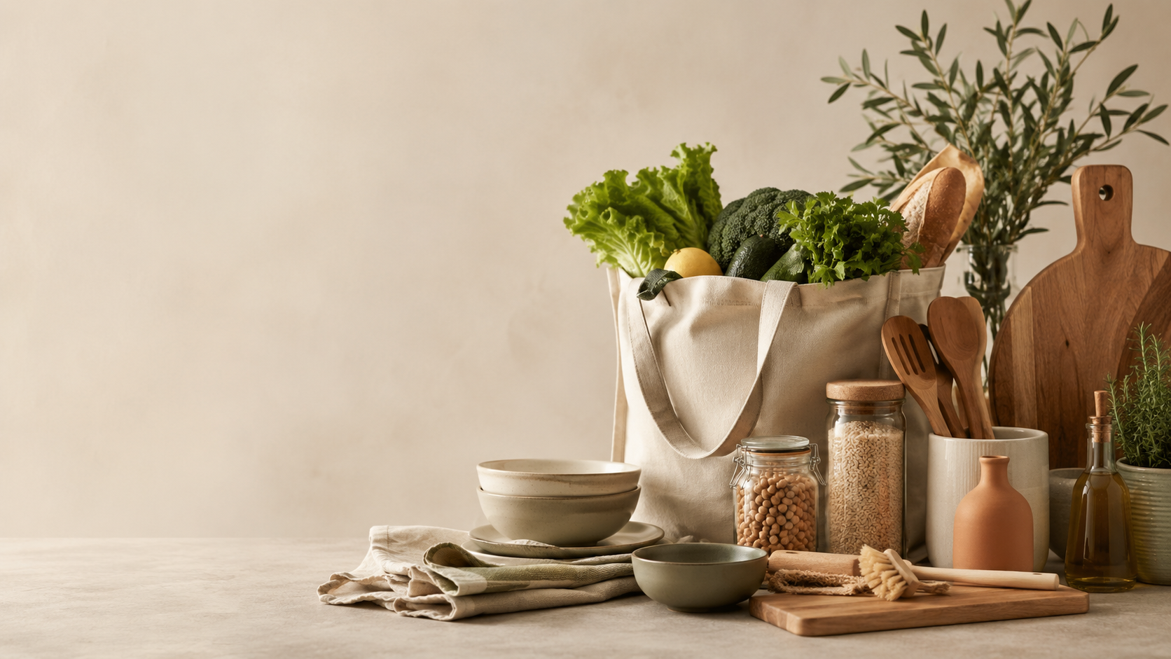 Kitchen essentials and fresh groceries arranged on a bench