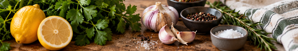 Fresh pantry ingredients including lemon, garlic and herbs