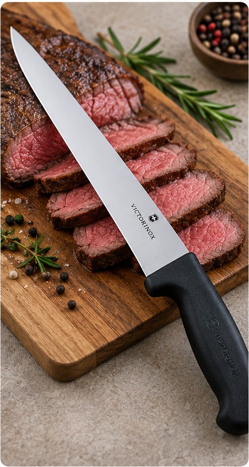 Victorinox Fibrox slicing knife over sliced steak on a wooden board