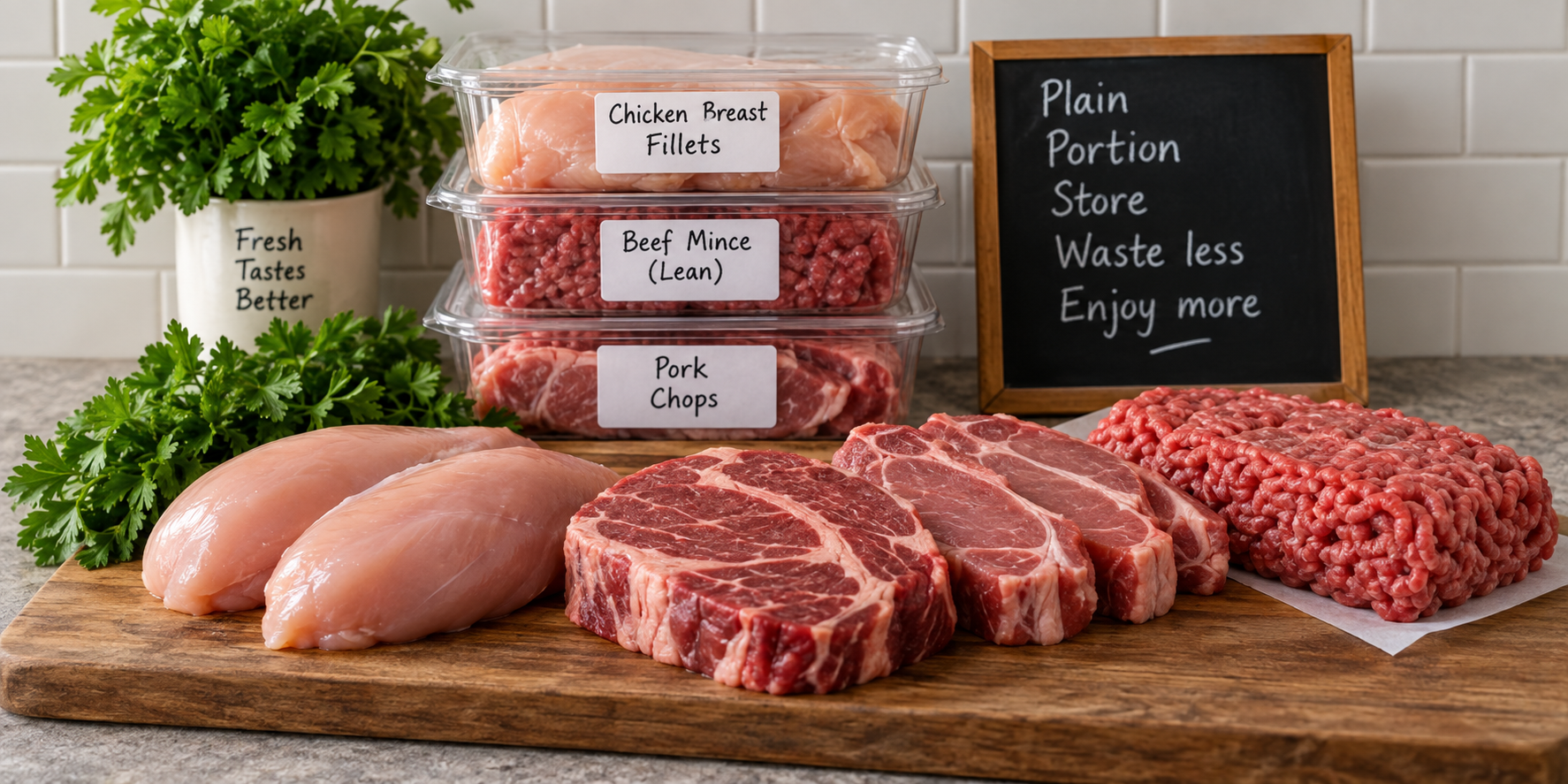 Labelled containers of chicken breast, beef mince and pork chops ready for freezing