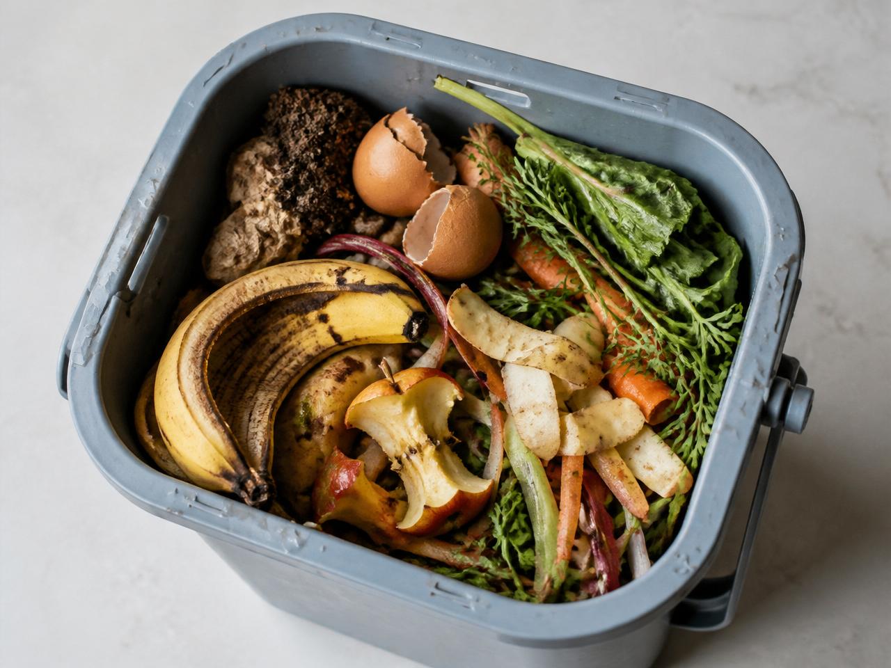 Kitchen food-waste recycling bin with banana peels, eggshells, vegetable peelings and leafy greens